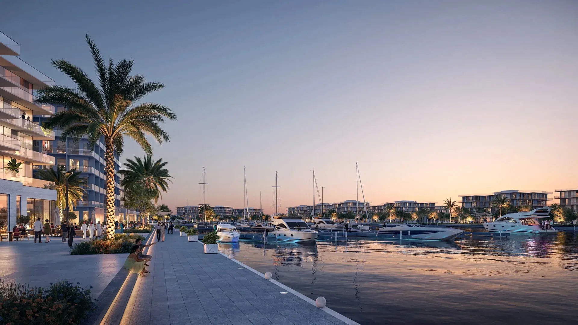 Marina promenade and yacht berths at dusk at Bayn by ORA