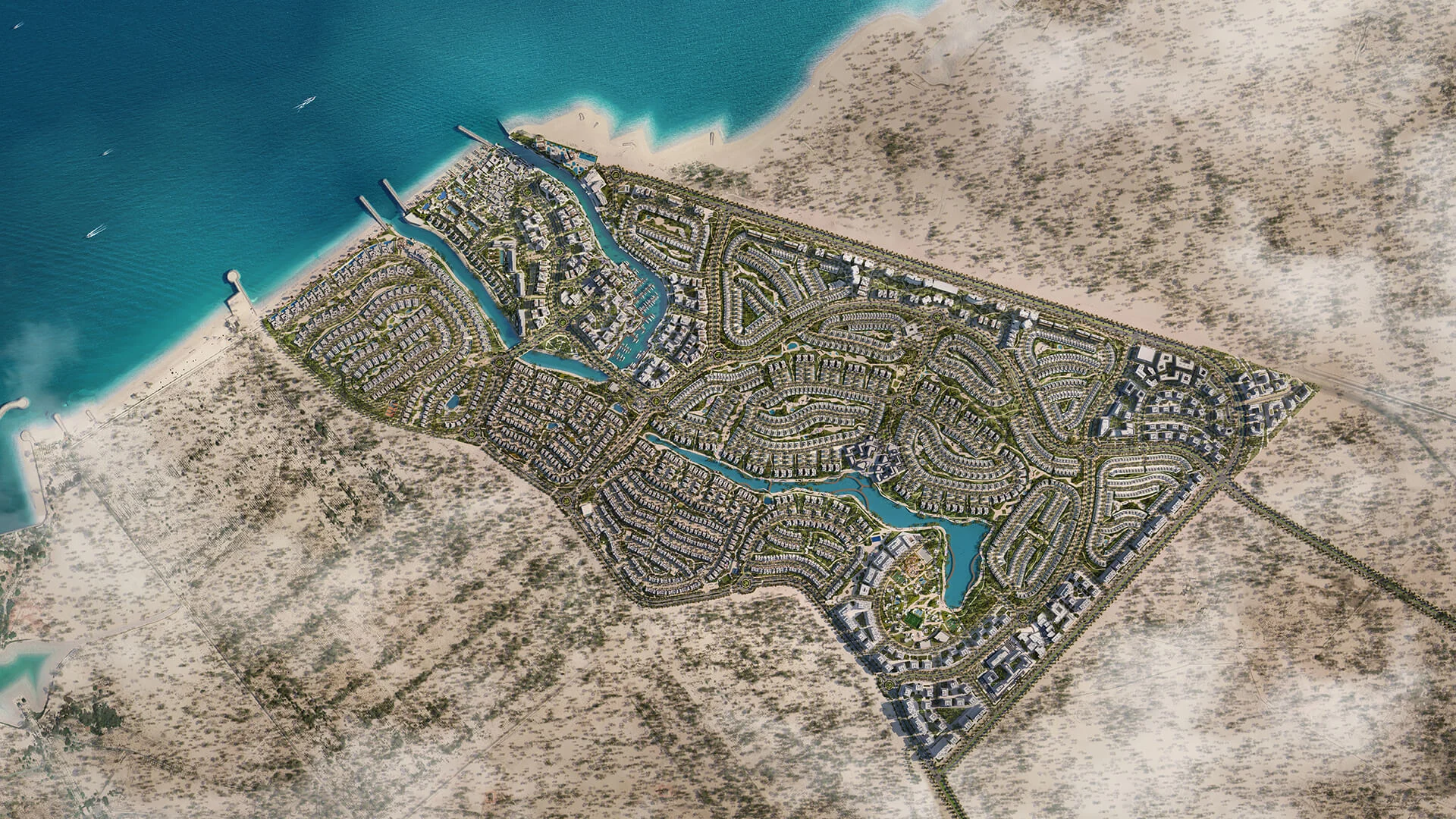 Bayn by ORA master plan in Ghantoot, Abu Dhabi, with beach, marina, lagoon and parks