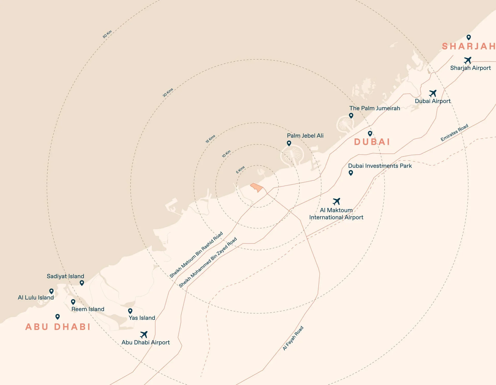 Map showing Bayn by ORA at Ghantoot, Abu Dhabi, midway between Dubai and Abu Dhabi