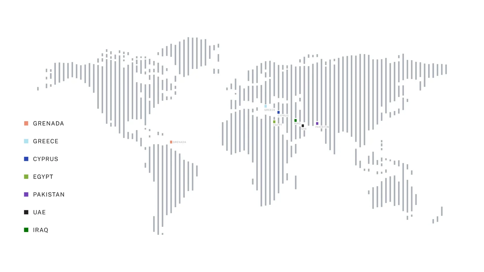 World map showing ORA Developers projects in Grenada, Greece, Cyprus, Egypt, UAE, Pakistan and Iraq