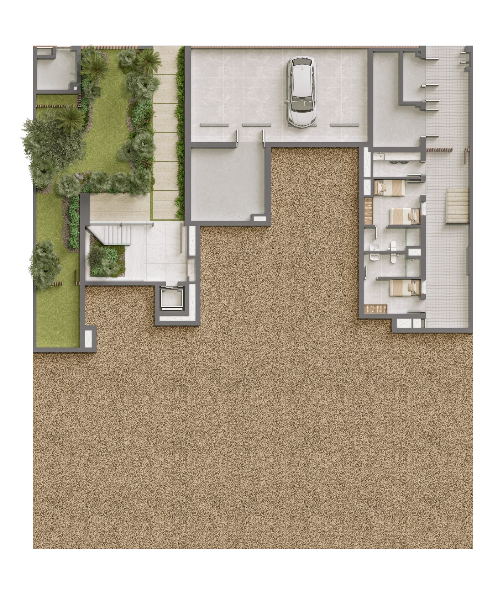 Bayn by ORA Sunray View Villas floor plan – lower/garage level layout with parking and service areas