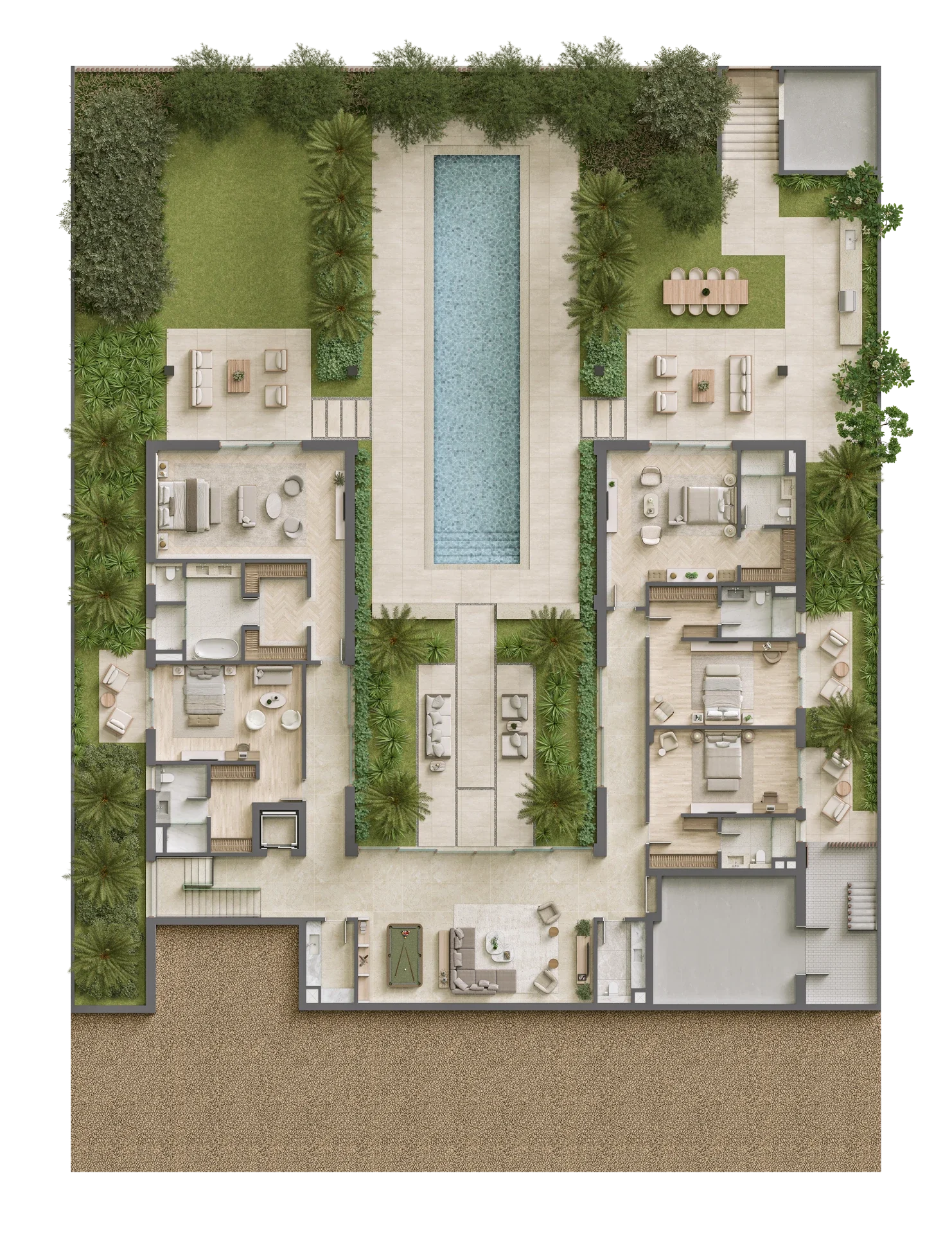 Bayn by ORA Seaward Views floor plan – villa layout with long pool axis, bedroom wings, and garden terraces