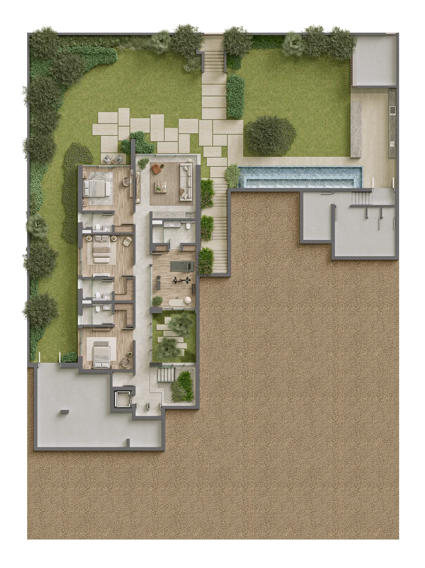 Bayn by ORA Seascape View Villas floor plan – lower/garage level layout with parking, service rooms, and circulation