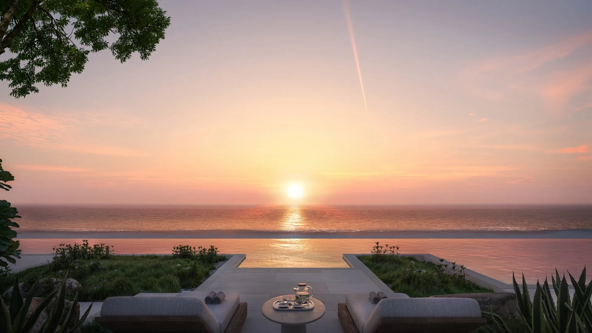 Shoreline 1 beachfront residence at Bayn by ORA — sunset over the sea