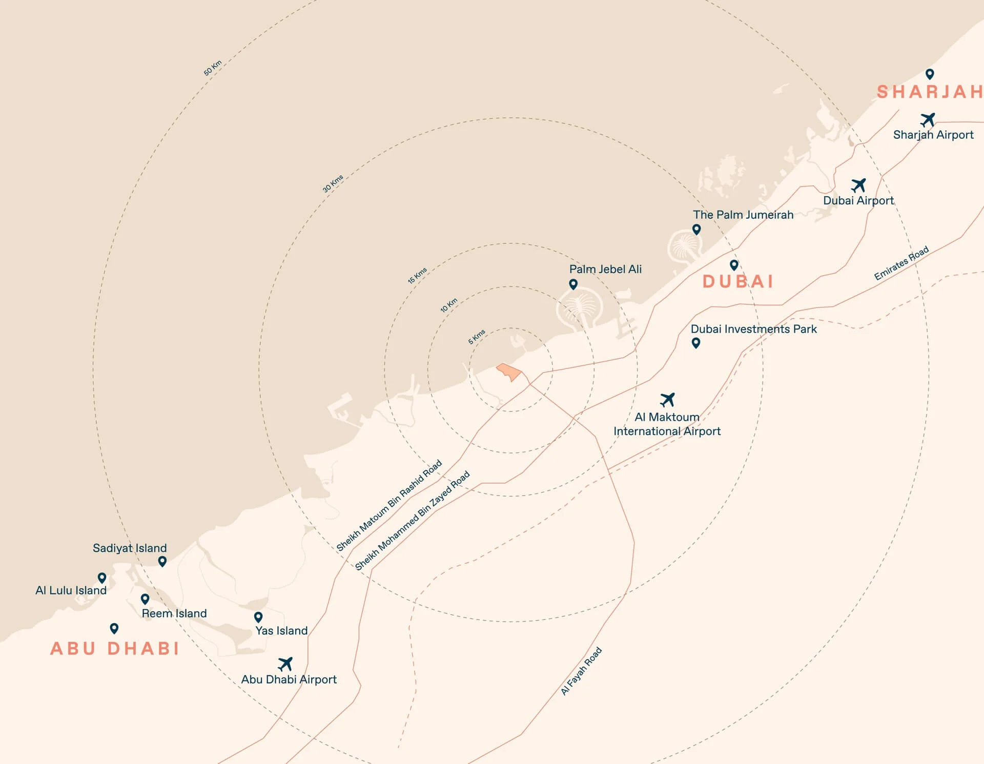 Map showing Bayn’s central location between Dubai and Abu Dhabi