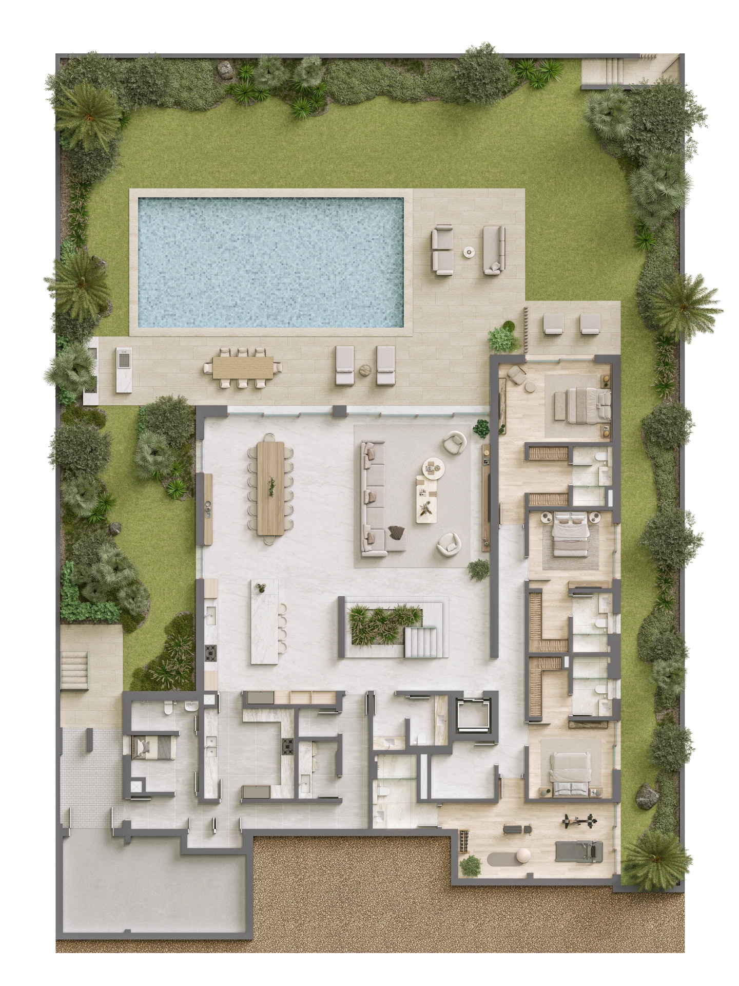 Bayn by ORA Everview Villas floor plan – main level layout with open living, dining, and outdoor pool deck