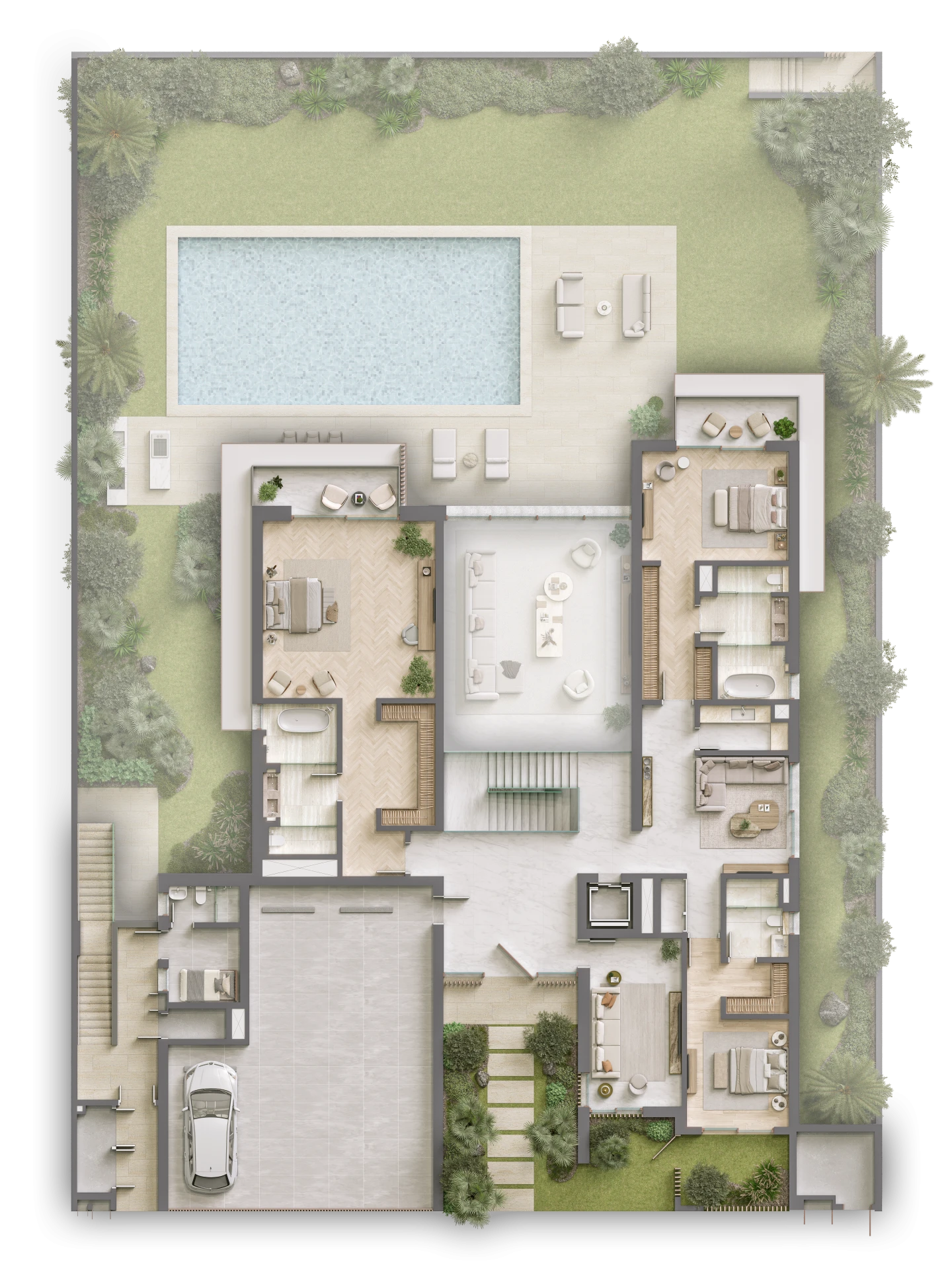Bayn by ORA Everview Villas floor plan – residential level layout with bedrooms, living areas, and pool terrace