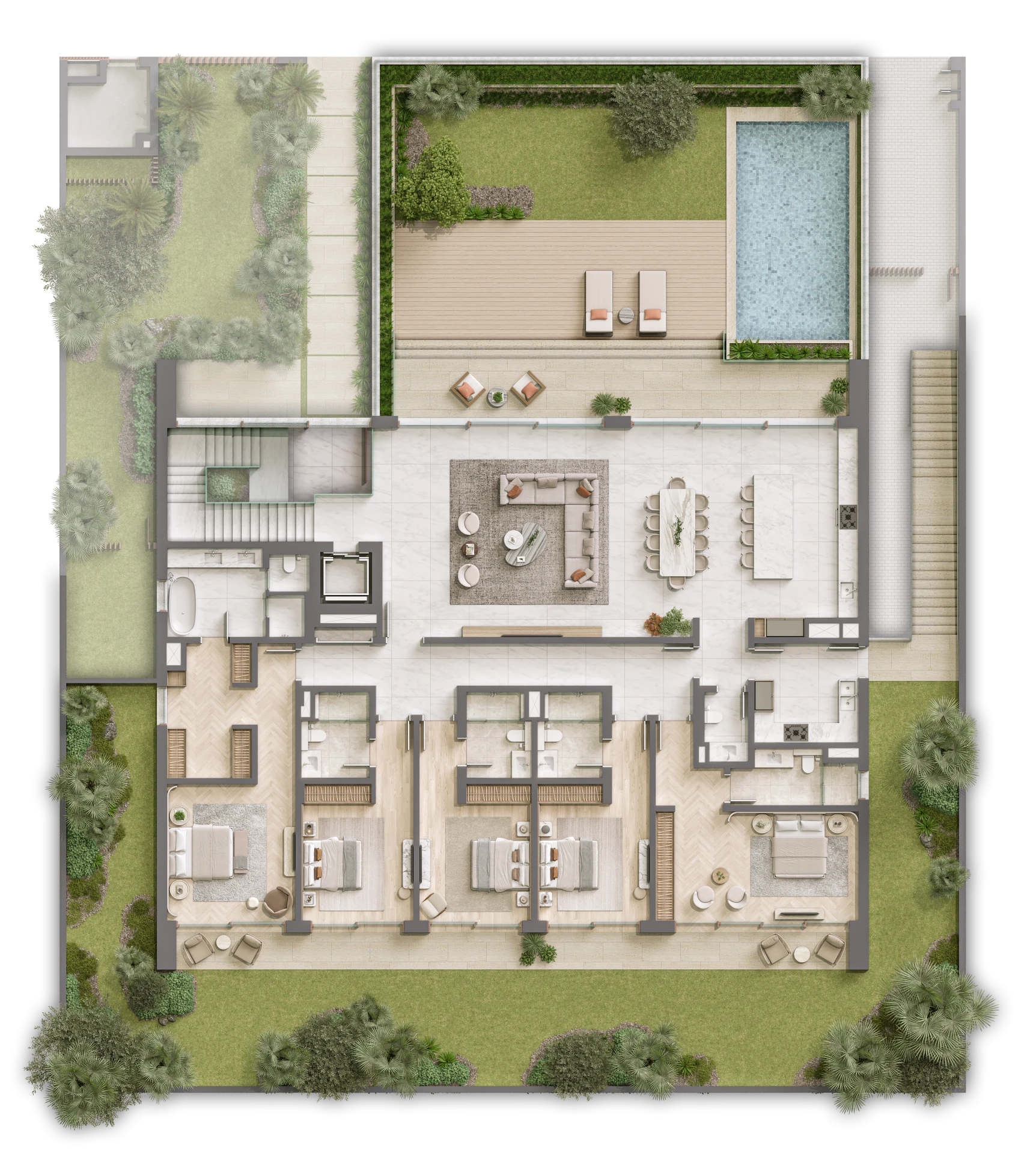 Bayn by ORA Sunray View Villas floor plan – main level layout with pool, terrace, and open living areas