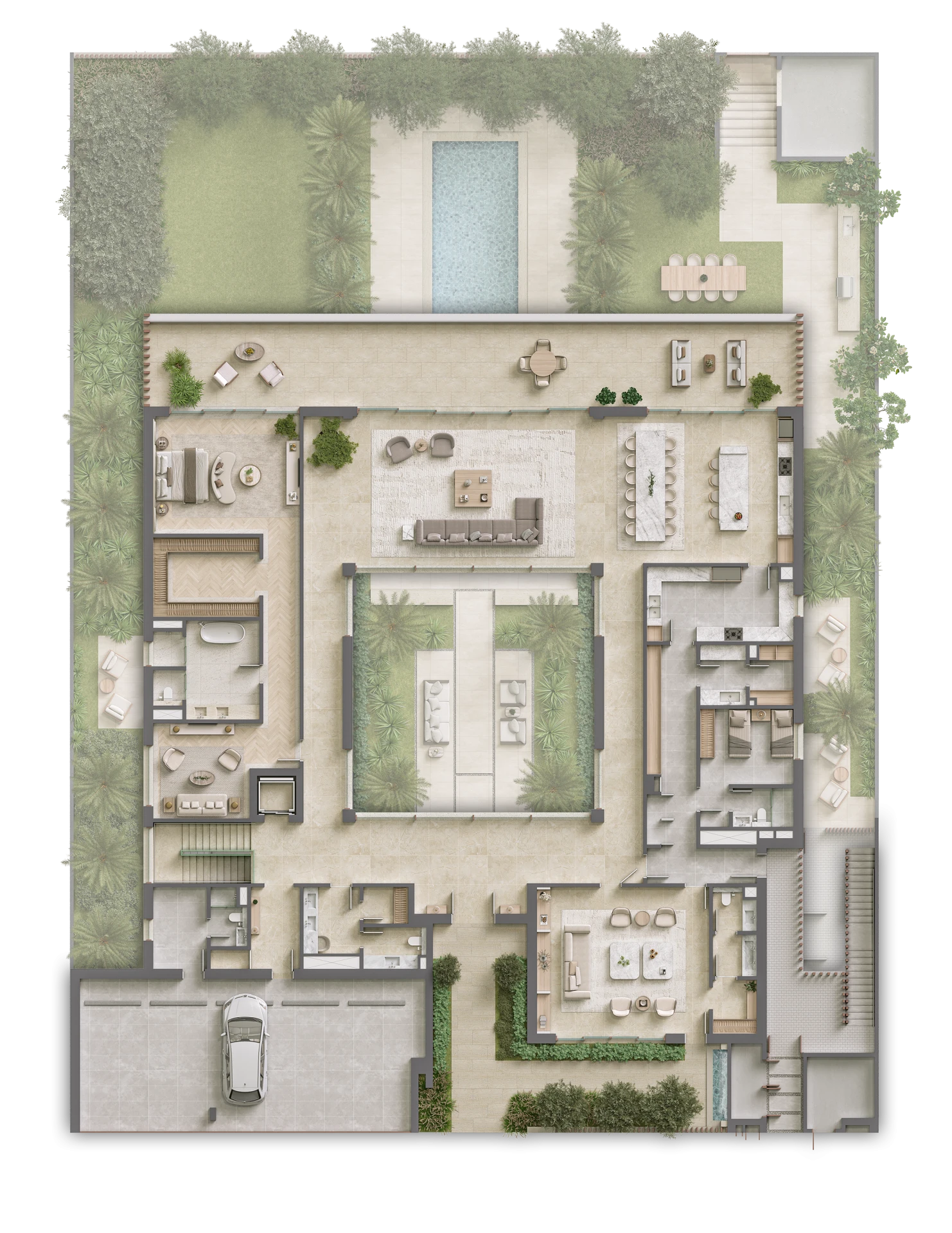 Bayn by ORA Seaward Views floor plan – main level layout with central courtyard, open living areas, and outdoor terraces