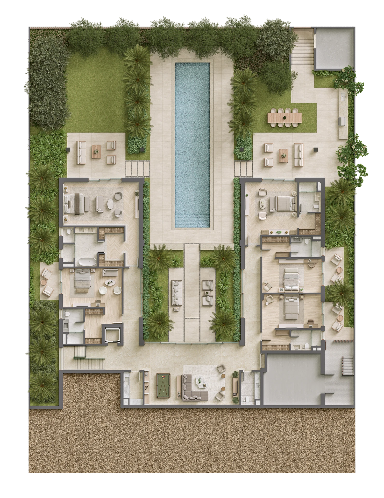 Bayn by ORA Seaward Views floor plan – villa layout with long pool axis, bedroom wings, and garden terraces