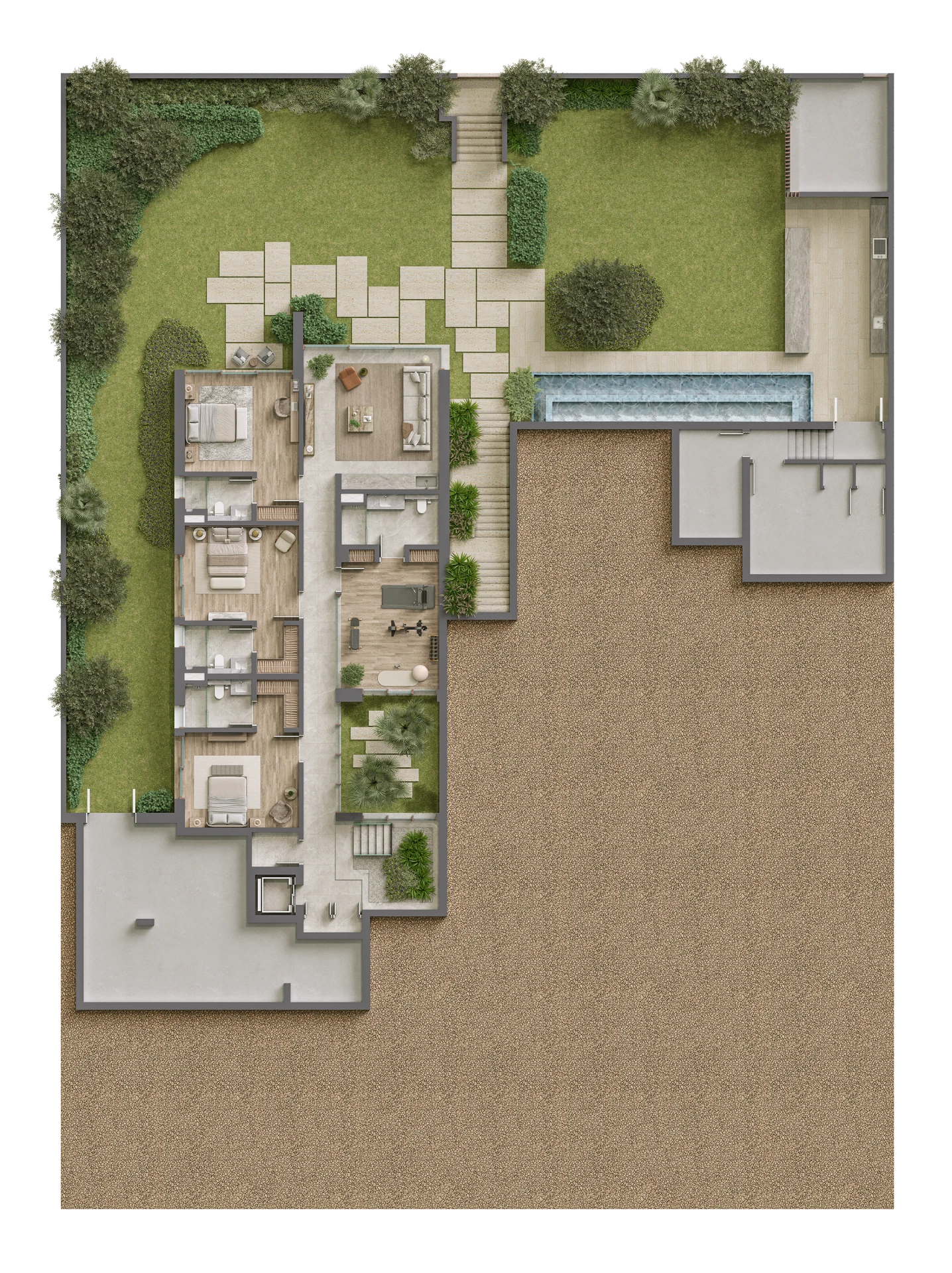 Bayn by ORA Seascape View Villas floor plan – lower/garage level layout with parking, service rooms, and circulation