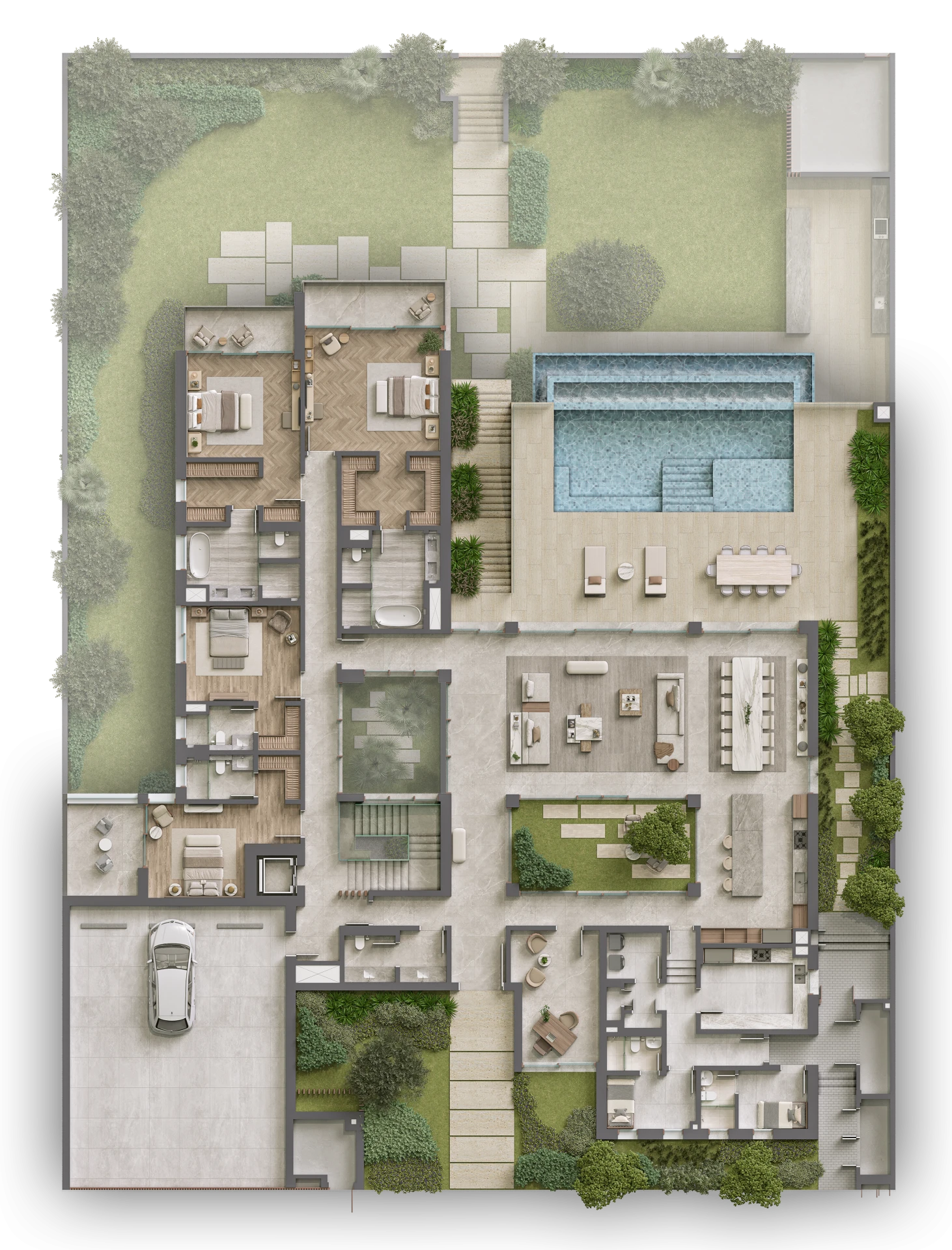 Bayn by ORA Seascape View Villas floor plan – main level layout with open living areas, bedrooms, terrace, and pool deck